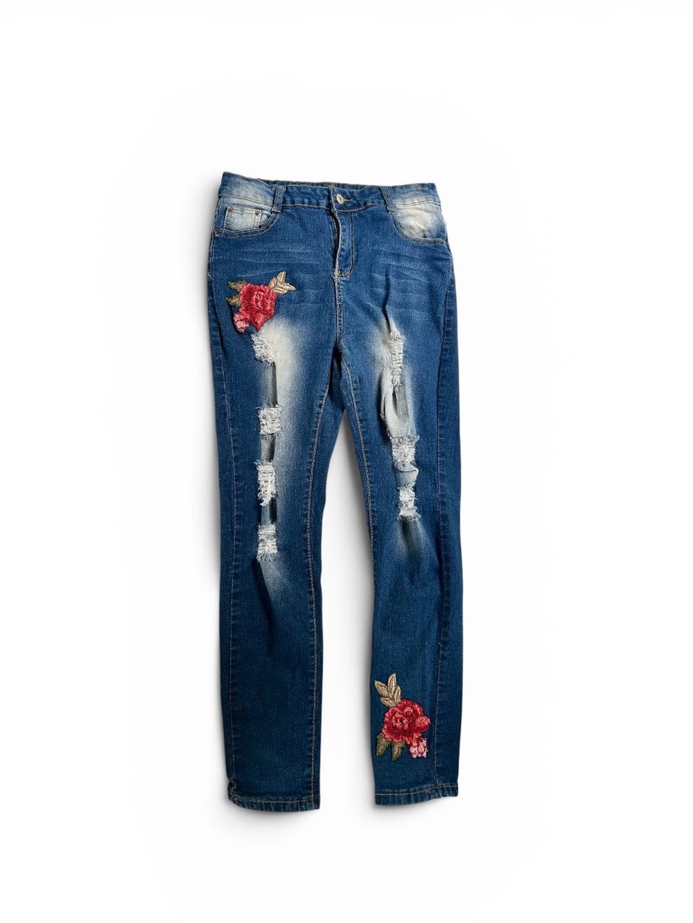 Youth/L- juniors  Dark Blue Distressed Jeans with Red Rose Embroidery